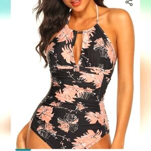 Smismivo. Women's One Piece Swimsuit. Black & Orange Floral Pattern Size S. NWT.